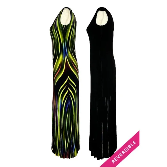 Women's V-Neck Long Maxi Reversible Fringe Dress Size M Eva Varro Black NWT